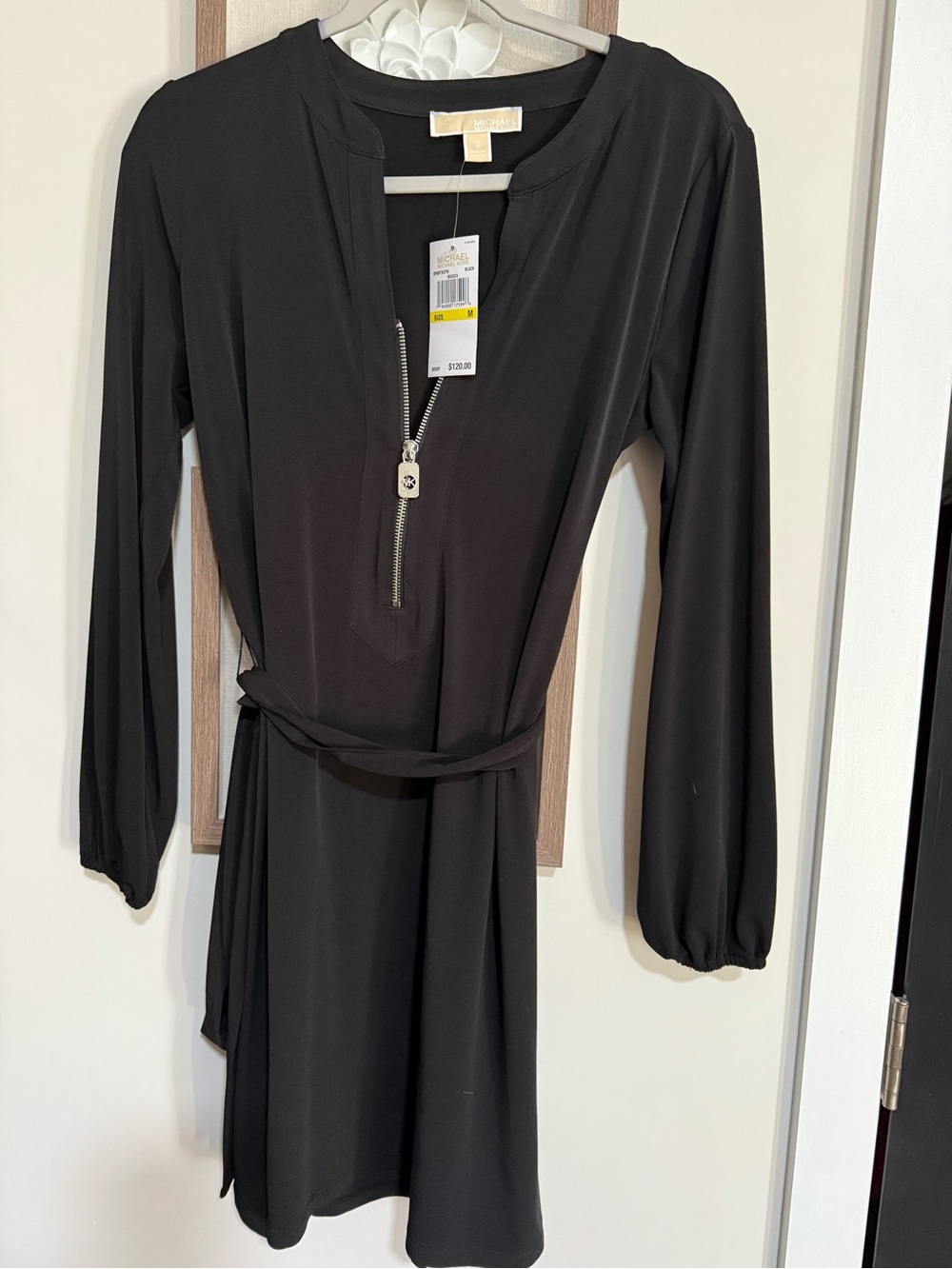 Michael Kors Black Long-Sleeve Zip-Front Tie-Waist Dress sz m